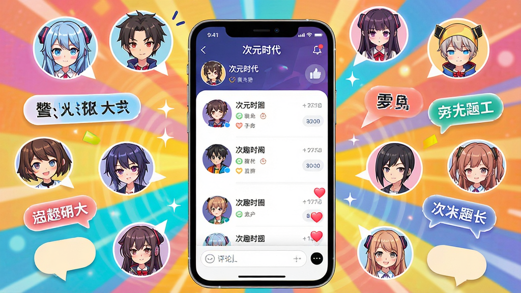 一个充满活力的二次元兴趣社区场景,画面主体为手机屏幕显示“次元时代”APP的圈子列表界面,屏幕周围环绕着不同动漫风格的人物头像和话题标签气泡,布局采用中心辐射式构图,风格活泼明快,细节包含点赞动画和评论输入框,画质清晰干净,无多余元素