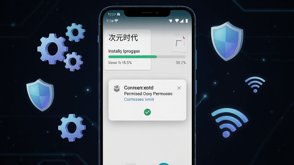 一部安卓手机正在安装“次元时代”APK文件,屏幕显示安装进度条和权限确认弹窗,手机周围漂浮着齿轮、盾牌和WiFi信号图标,布局居中,风格科技简约,细节包含进度百分比和勾选标记,画质高清,无多余元素