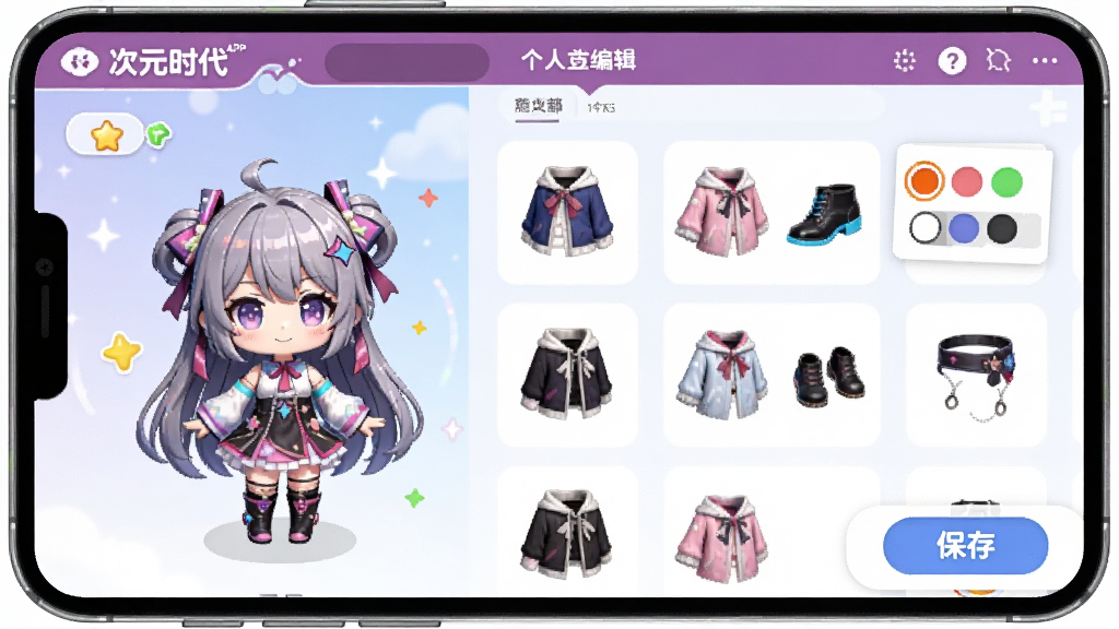 一个二次元虚拟形象装扮界面,画面主体为“次元时代”APP的个人主页编辑页,屏幕内显示一个Q版动漫角色和多种服装配饰选项,布局采用左右分栏,风格可爱活泼,细节包含颜色选择器和保存按钮,画质高清,无多余元素