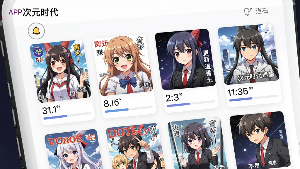 一个二次元追番日历界面,画面主体为“次元时代”APP的日程订阅页面,屏幕上显示着多个动漫封面卡片和更新倒计时,布局整齐有序,风格清新简约,细节包含提醒铃铛图标和进度条,画质高清,无多余元素