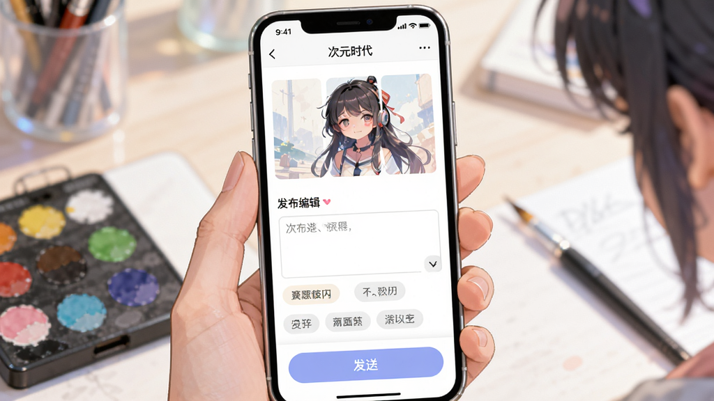 一个二次元创作者分享作品的场景,画面主体为手机屏幕展示“次元时代”APP的发布编辑页,屏幕内可见绘画作品缩略图、文字输入框和标签选择按钮,布局简洁直观,风格柔和明亮,细节包含调色盘和发送按钮,画质清晰,无多余元素
