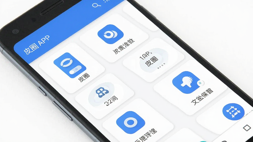 安卓手机屏幕展示“皮圈”APP的功能列表页面,页面中排列着多个功能图标和文字说明,布局整齐,配色以蓝色和白色为主,风格简约商务,细节清晰,画质干净,无多余元素