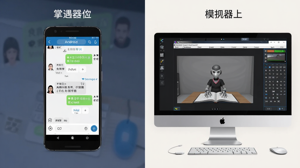 掌遇在安卓手机与模拟器上同时运行的对比示意图,主体为左侧手机与右侧电脑屏幕,布局为左右并列,排版直观,风格科技感,细节包括手机聊天界面与模拟器窗口,画质清晰,干净,无多余元素