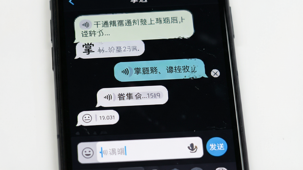 掌遇应用内聊天界面特写,主体为手机屏幕显示对话气泡与输入框,布局为居中展示,排版清晰,风格清新明快,细节包括文字消息、语音条、表情按钮、发送按钮,画质清晰,干净,无多余元素