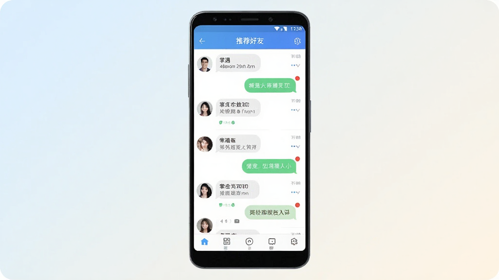 一张展示掌遇社交应用界面的手机样机图,主体为一部竖屏安卓手机,屏幕中显示掌遇的聊天列表与推荐好友页面,布局居中,背景为浅色渐变,风格简洁现代,细节包括头像气泡、消息红点、底部导航栏,画质清晰,干净,无多余元素