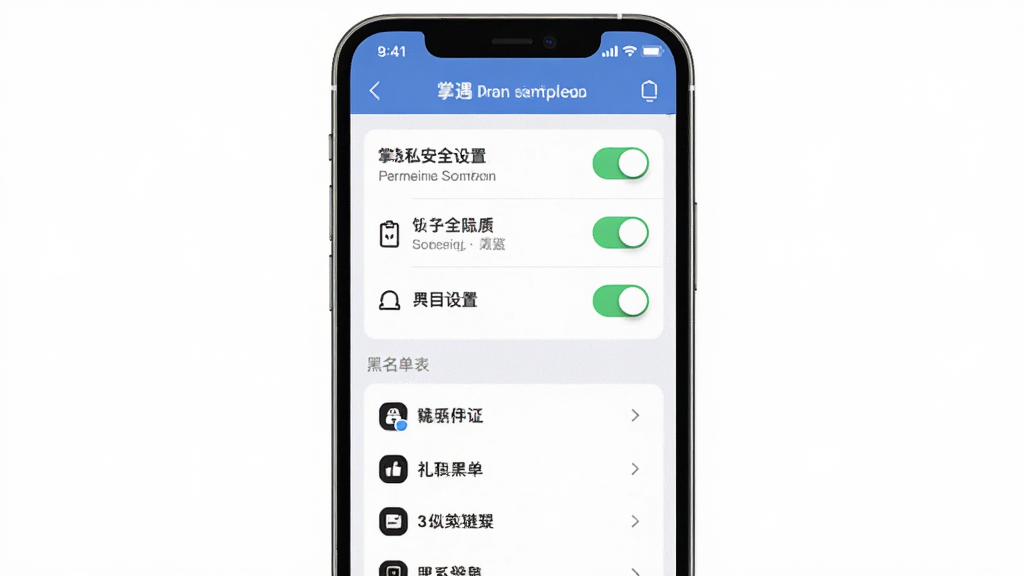 掌遇隐私安全设置页面展示图,主体为手机界面中的权限开关与黑名单列表,布局为纵向排列,排版规整,风格沉稳简洁,细节包括开关按钮、文字说明、图标标识,画质清晰,干净,无多余元素