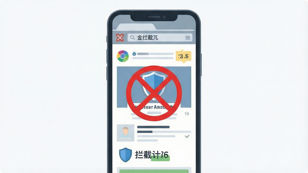 一张展示X浏览器广告拦截功能的图片,主体为手机屏幕显示网页,网页中的广告被红色禁止符号覆盖,布局为手机正面展示,排版突出拦截效果,风格为扁平化UI示意图,细节包含盾牌图标和拦截计数,画质清晰,干净,无多余元素