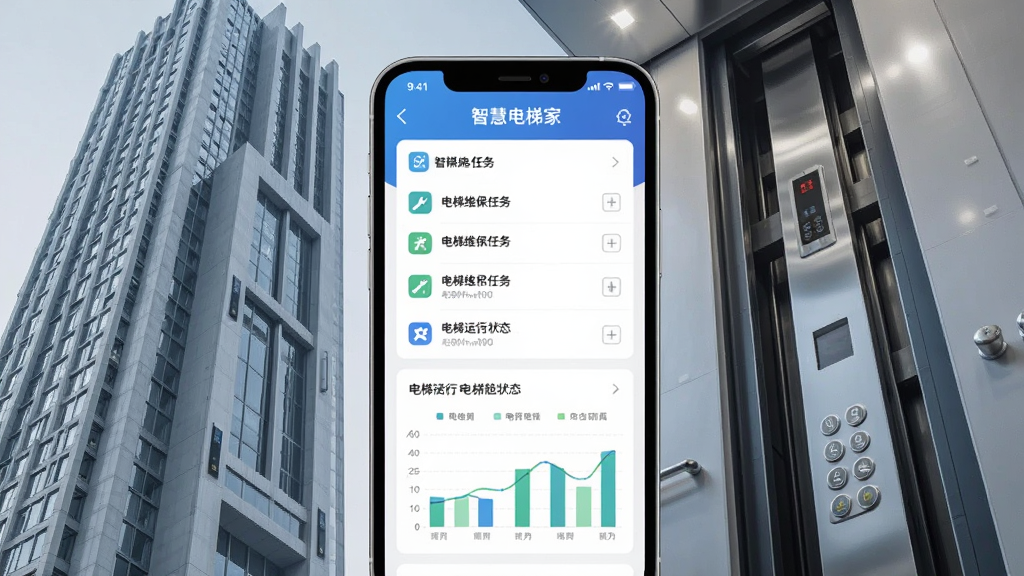 画面中央展示一部智能手机,手机屏幕上显示“智慧电梯家”应用界面,界面包含电梯维保任务列表和电梯运行状态图表,手机背景是一栋现代高层建筑和电梯井道,风格为写实科技风,细节包含电梯按钮、维保工具图标,画质清晰,干净,无多余元素