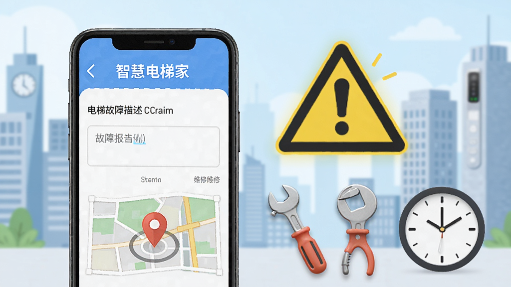 画面展示一个手机屏幕上的“智慧电梯家”故障报修界面,界面有电梯故障描述输入框和地图定位图标,背景是城市楼宇和电梯警示标志,风格为简洁明快,细节包含维修工具和时钟,画质清晰,干净,无多余元素