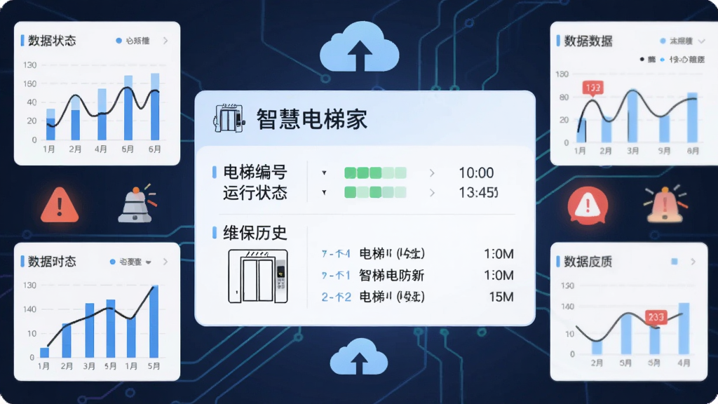 画面展示一个数字化电梯档案界面,屏幕中央是“智慧电梯家”的电梯信息卡片,卡片上显示电梯编号、运行状态和维保历史,周围环绕着数据图表和报警图标,风格为扁平化科技风,细节包含电梯轮廓和云同步符号,画质清晰,干净,无多余元素