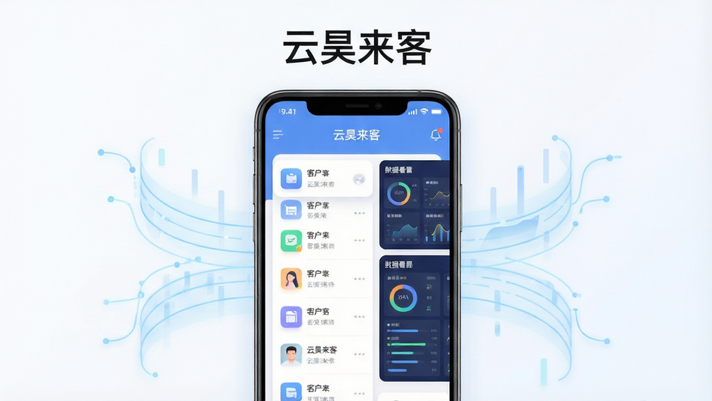 主体为一部竖屏安卓手机,屏幕内展示“云昊来客”应用主界面,包含客户列表与数据看板;布局采用居中构图,手机两侧环绕淡蓝色数据流线条;排版干净,上方留白放置软件名称文字;风格为现代科技感扁平插画,细节包括圆角图标、柔和阴影、浅色背景;画质高清,画面干净,无多余元素。