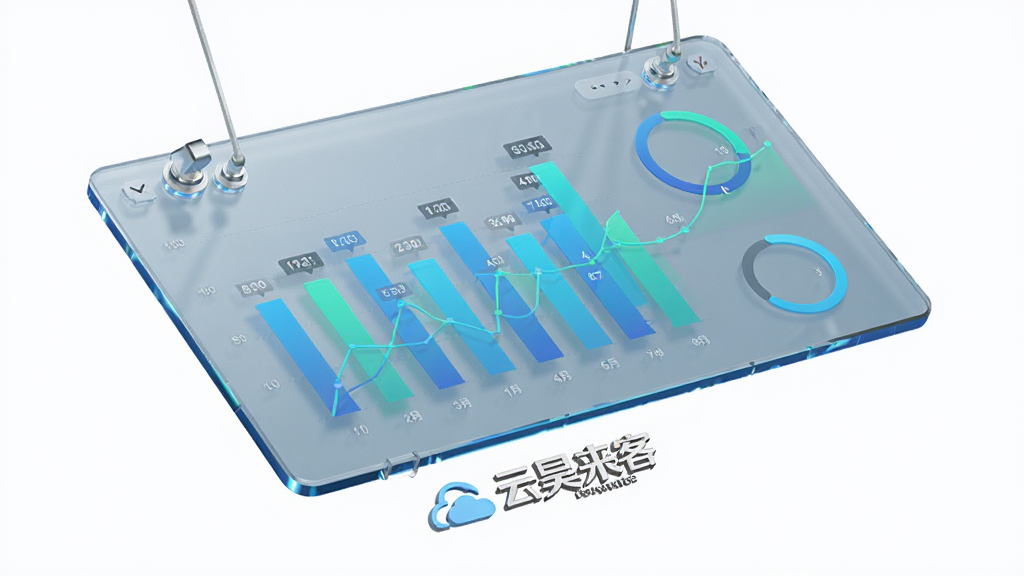 主体为一块悬浮的透明数据看板,上面显示柱状图与折线图;布局为斜向透视,看板下方有“云昊来客”品牌标识;排版简洁,图表颜色以蓝绿为主;风格为商务科技感3D渲染,细节包括数字标签与进度圆环;画质高清,画面干净,无多余元素。