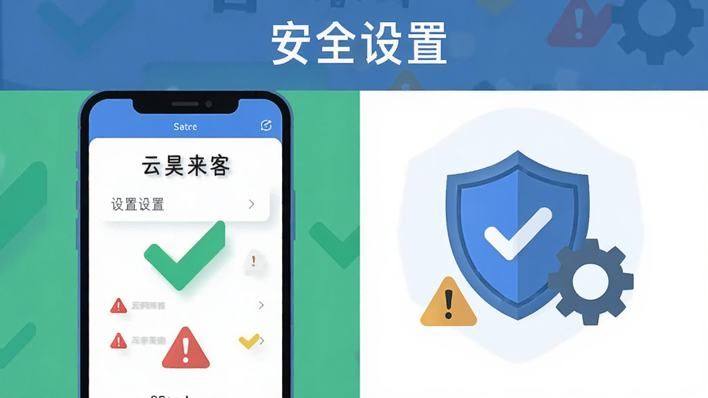 主体为一部手机屏幕显示“云昊来客”设置界面,旁边有盾牌与齿轮图标;布局为左右分栏,左侧手机,右侧图标;排版清晰,上方有“安全设置”文字;风格为扁平化安全主题插画,细节包括绿色对勾与红色警示标志;画质干净,无多余元素。