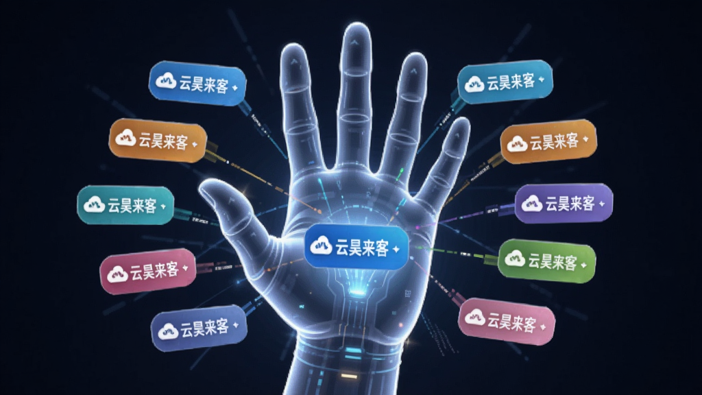 主体为一只半透明科技感的手掌,掌心悬浮多个彩色数据标签;布局采用中心放射状;排版上标签围绕手掌均匀分布;风格为轻科技风插画,细节包括标签上带有“云昊来客”字样的小图标;画质清晰,画面干净,无多余元素。
