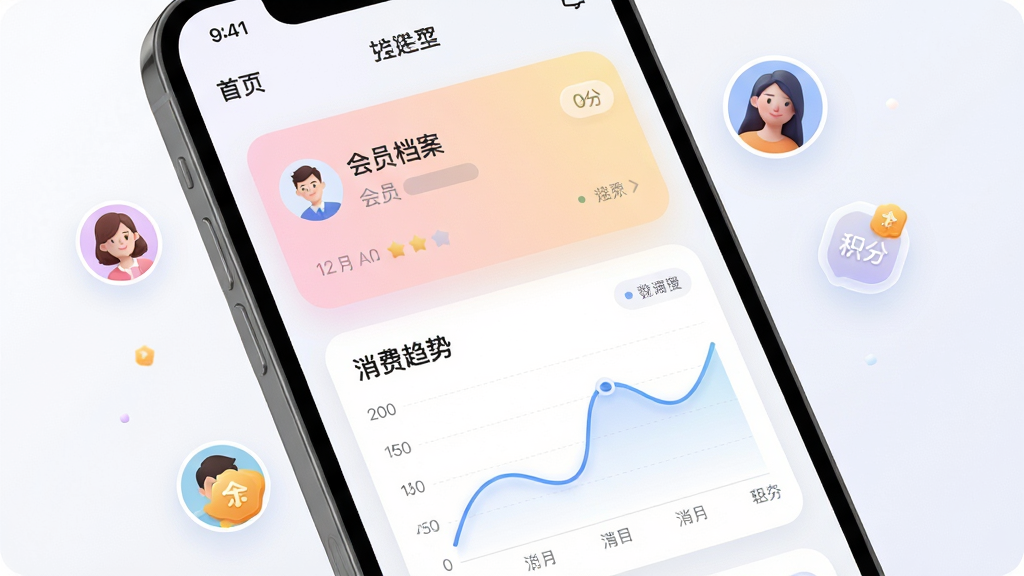 找美网商户端,画面为手机屏幕特写,显示会员档案卡片与消费趋势折线图,屏幕周围漂浮会员头像与积分符号,布局为居中特写排版,风格为柔和圆角卡片风,细节上卡片有轻微渐变底色,折线图线条流畅,画质高清,干净,无多余元素。