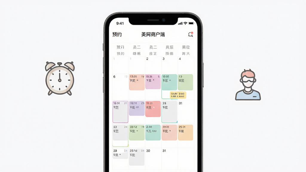 找美网商户端,画面中央为一部手机,屏幕内显示预约日历与员工排班表,日历上有彩色时间块标注,手机旁边有闹钟与人员图标,布局为左右均衡排版,风格为简约明快风,细节上时间块颜色柔和,图标线条简洁,画质高清,干净,无多余元素。