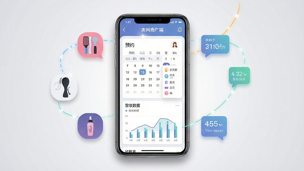 找美网商户端,一部智能手机屏幕居中显示,屏幕内呈现美业店铺管理后台界面,包含预约日历、会员列表、营收数据图表等模块,手机周围环绕美容美发工具图标与数据气泡,整体布局简洁清晰,排版采用中心构图,风格为现代扁平化科技风,细节上手机有轻微阴影与高光,背景为浅灰渐变,画质高清,干净,无多余元素。