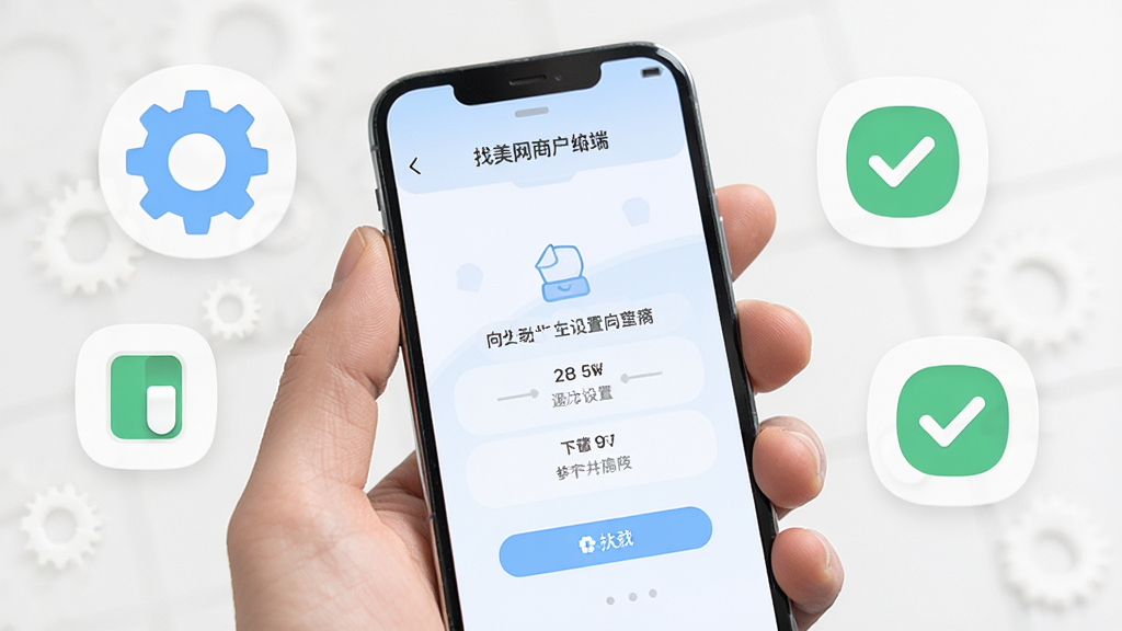 找美网商户端,画面为一只手拿着手机,屏幕显示店铺设置向导页面,周围有齿轮、开关、对勾图标,布局为手持特写排版,风格为清新浅色风,细节上手指有自然肤色,图标圆润,画质高清,干净,无多余元素。