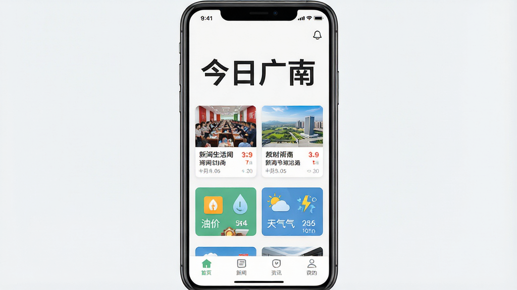 一张手机屏幕展示本地新闻资讯应用的界面,画面中央是“今日广南”四个大字标题,下方排列着新闻卡片和油价天气小工具图标,整体布局清晰简洁,风格为现代扁平化设计,细节包括顶部状态栏、底部导航栏,画质高清,画面干净,无多余元素