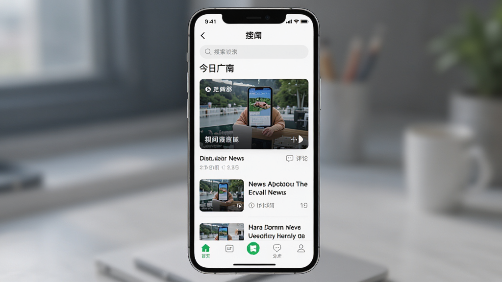 一幅AI生成的画面,主体是一部智能手机,屏幕上显示“今日广南”APP的新闻列表页,布局为顶部搜索栏、中部新闻大图卡片、底部导航菜单,排版整齐,风格为清爽科技感,细节有新闻缩略图、时间标签、评论图标,画质清晰,干净无杂乱元素