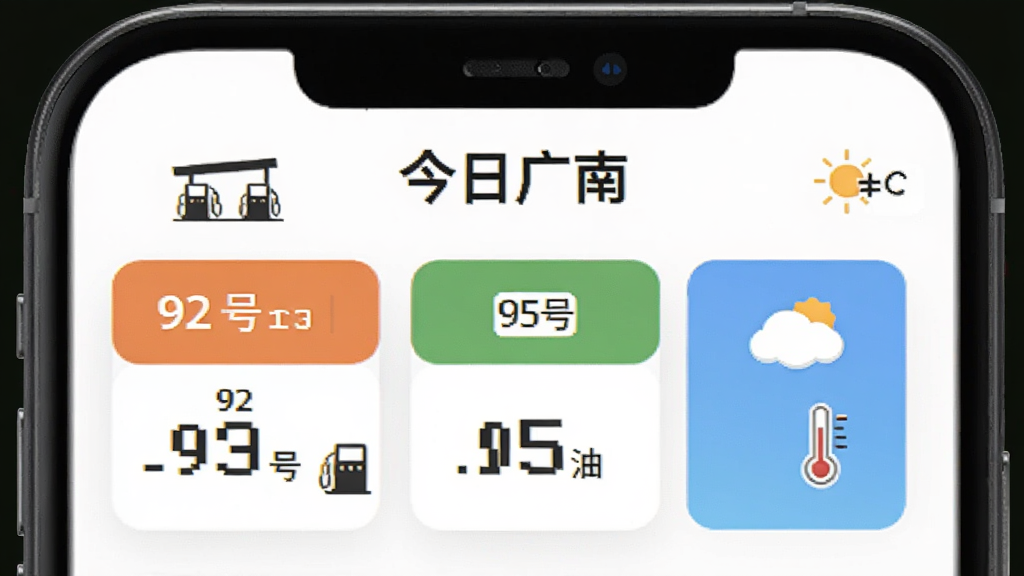 一幅AI生成的图片,主体是一个手机界面,上方显示“今日广南”油价查询板块,画面中有92号、95号汽油价格数字和天气图标,布局为卡片式排列,风格为简约生活化,细节有加油站剪影、温度计图标,画质清晰,干净整洁无多余元素