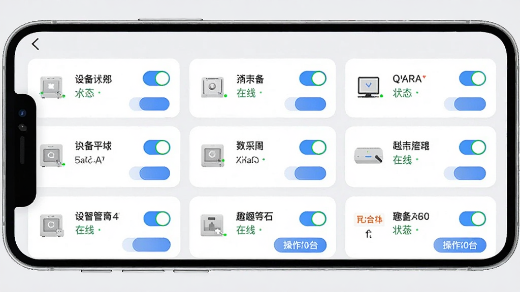 趣智管理端远程控制功能展示图,主体为手机界面中的设备列表,每台设备旁配有开关按钮和状态指示灯,背景为浅灰色,布局采用卡片式排列,风格清新浅色,细节上展示设备名称、在线状态和操作按钮,画质清晰干净,无多余元素