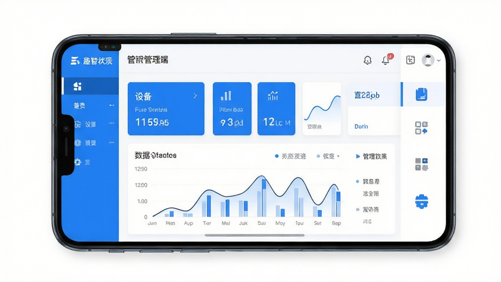 趣智管理端软件界面全貌展示,主体为一部智能手机屏幕,屏幕上显示蓝白配色的管理后台首页,包含设备状态卡片、数据统计图表和功能菜单图标,布局清晰规整,排版采用上下结构,风格简约商务,细节上突出蓝色主题色与白色背景的对比,画质清晰干净,无多余元素