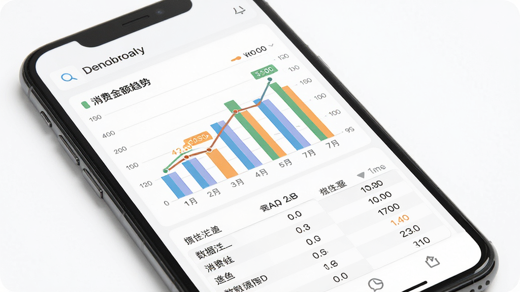 趣智管理端数据统计页面,主体为手机屏幕上的柱状图和折线图组合,展示消费金额趋势,下方配有数据汇总表格,背景为白色,布局采用上下分区,风格素雅极简,细节上突出图表颜色与数据标签,画质清晰干净,无多余元素