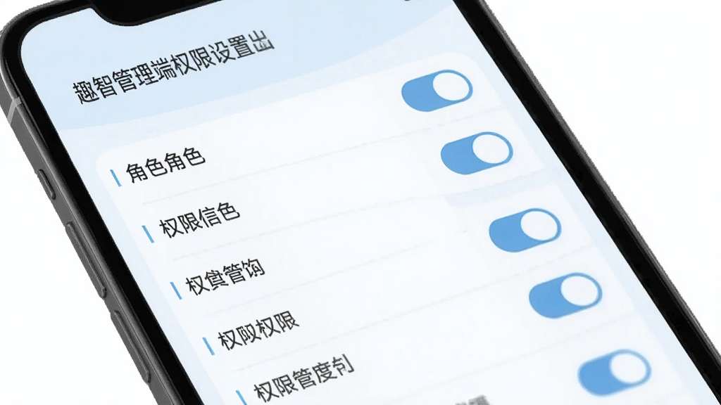 趣智管理端权限设置页面,主体为手机界面中的角色列表和权限勾选项,背景为浅蓝色,布局采用列表式,风格简约商务,细节上展示角色名称和开关控件,画质清晰干净,无多余元素