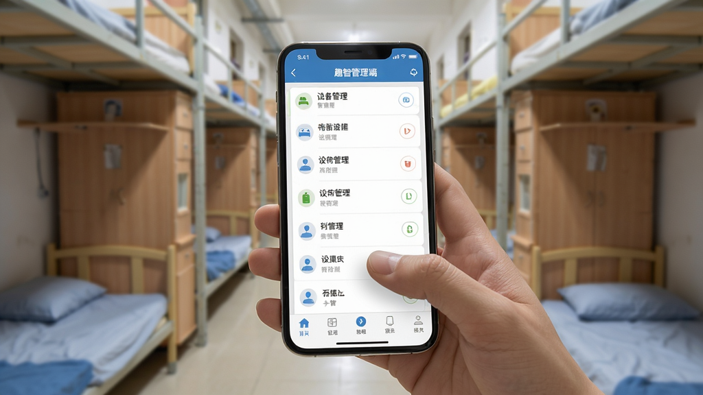 趣智管理端手机端操作界面,主体为一部手持智能手机,屏幕显示设备管理列表和底部导航栏,背景为校园宿舍楼走廊,布局采用人物手持视角,风格清新写实,细节上突出手机屏幕内容和手指点击动作,画质清晰干净,无多余元素