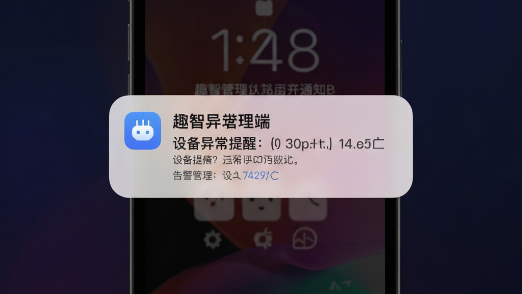 趣智管理端告警通知界面,主体为手机锁屏状态下的推送消息弹窗,显示设备异常提醒文字,背景为深色渐变,布局简洁,风格柔和圆角,细节上突出通知卡片和图标,画质清晰干净,无多余元素