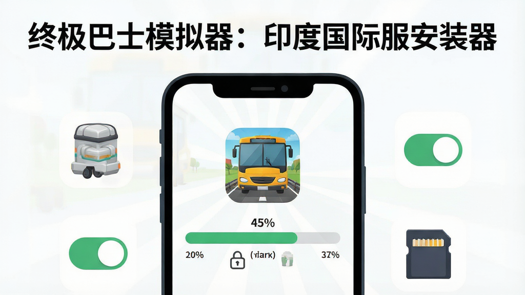 画面展示一部智能手机正在安装一款巴士模拟游戏,手机屏幕显示安装进度条和游戏图标,旁边有存储空间、权限开关等图标环绕,画面顶部有文字