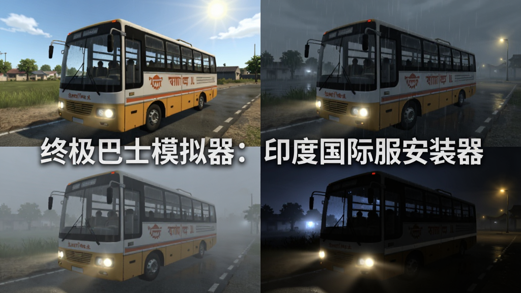 画面展示同一辆印度巴士在四种不同天气和时段下的场景拼图,分别是晴天白天、雨天傍晚、大雾清晨和夜晚,画面中央有文字