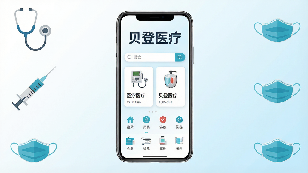 手机屏幕正中央展示一个医疗健康类应用程序界面,界面顶部有“贝登医疗”四个大字,下方排列着医疗器械商品卡片、搜索栏和分类图标,背景为干净的白色与浅蓝色渐变,周围环绕听诊器、注射器、医用口罩等扁平化图标,整体风格简洁专业,画质清晰,干净,无多余元素