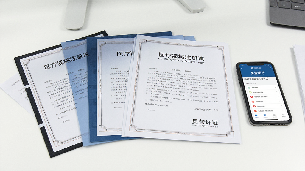 一张干净的办公桌面上平铺着几份医疗器械注册证和经营许可证文件,旁边有一部手机显示“贝登医疗”资质查看页面,画面光线明亮,风格严谨专业,画质清晰,干净,无多余元素
