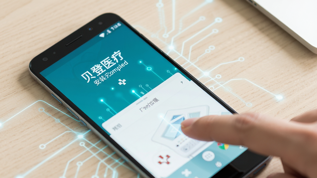 一部安卓手机屏幕上显示“贝登医疗”安装完成后的首页界面,旁边有手指正在点击屏幕,背景是浅色桌面,画面中有轻微的科技光效,风格简洁明快,画质清晰,干净,无多余元素