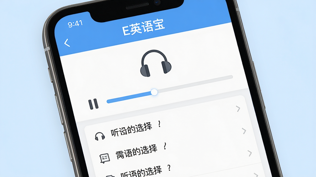 一张E英语宝听力训练功能的生图,主体为手机屏幕显示听力练习界面,屏幕中有耳机图标和播放进度条,下方列出听力选择题,背景为淡蓝色,布局清晰,风格为简约学习风,细节包括界面顶部“E英语宝”字样,画质高清,干净,无多余元素