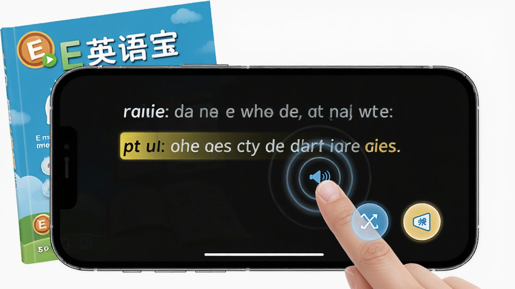 一张展示E英语宝教材同步点读功能的AI生图,主体为一部手机横屏显示英语课本点读界面,屏幕中高亮显示单词和句子,手指点击句子后出现发音波纹,旁边有复读和翻译按钮,布局简洁,风格为现代教育科技风,细节包括课本封面标注“E英语宝”,画质高清,干净,无多余元素