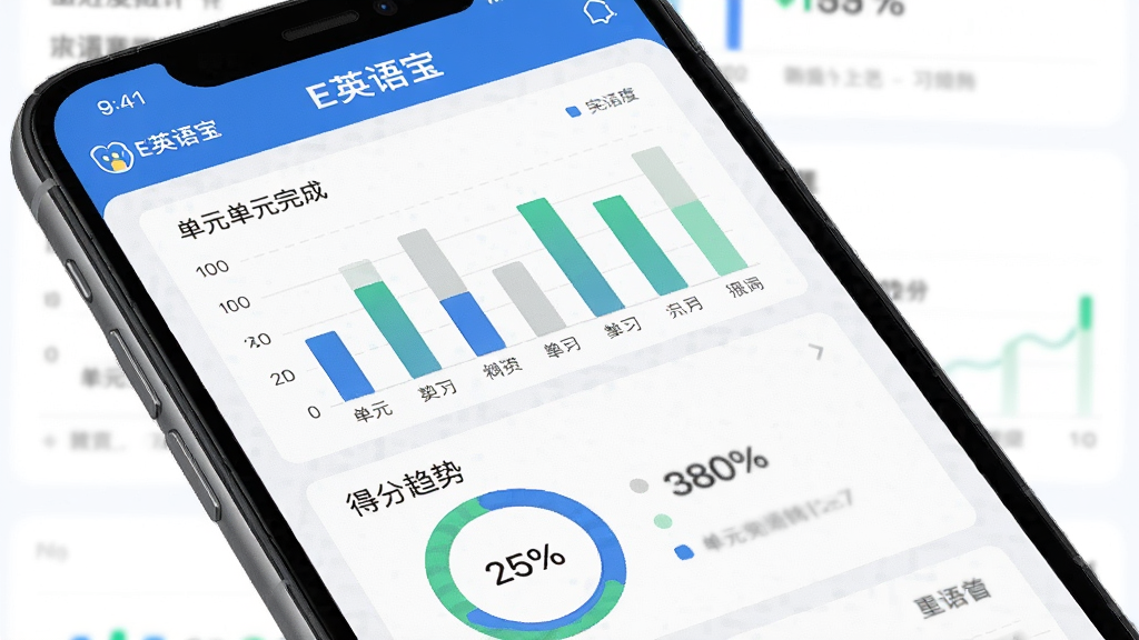 一张E英语宝学习进度记录功能的生图,主体为手机屏幕显示学习报告页面,屏幕中有柱状图和环形进度条,展示单元完成度和得分趋势,布局分块清晰,风格为数据可视化教育风,细节包括界面顶部“E英语宝”标识,画质清晰,干净,无多余元素
