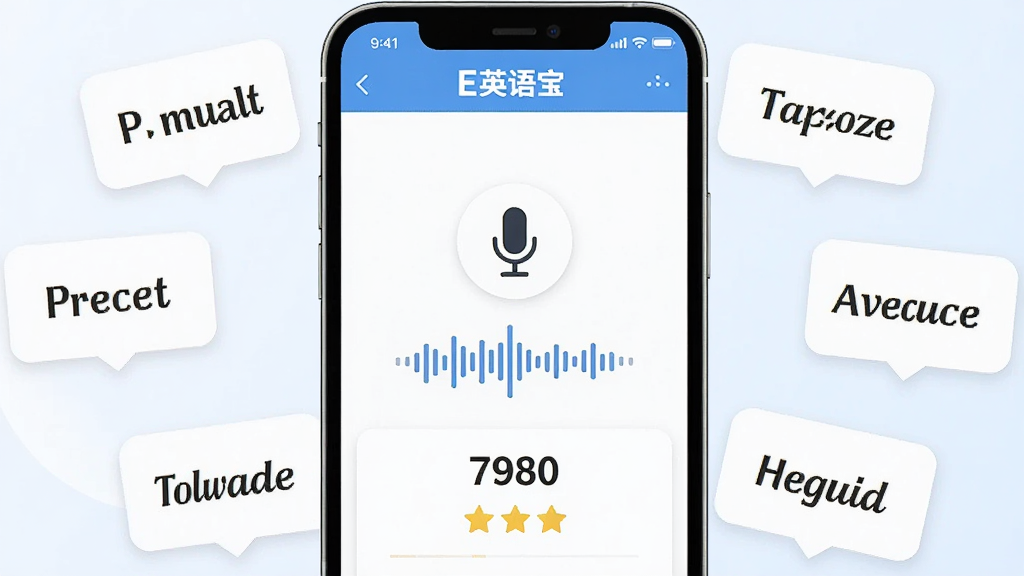 一张E英语宝口语评测功能的生图,主体为手机屏幕显示口语跟读评分界面,屏幕中央有麦克风图标和声波图,下方显示分数和星级,周围环绕英语单词卡片,布局居中,风格为清新教育风,细节包括界面顶部“E英语宝”标识,画质清晰,干净,无多余元素