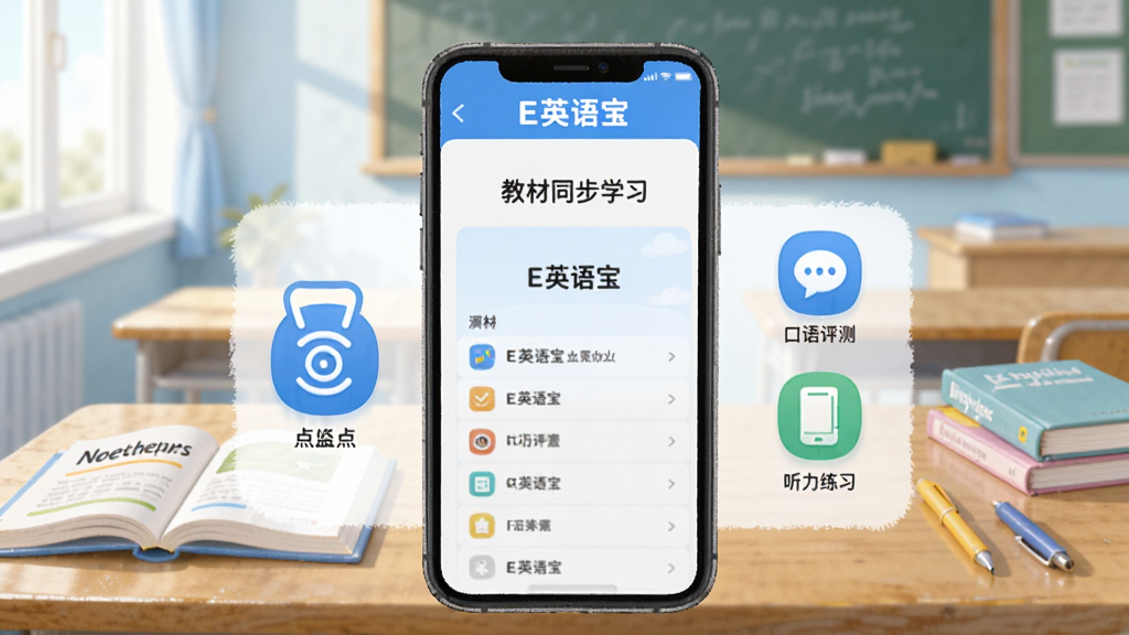一张展示E英语宝软件主界面的横版插画,画面中央放置一部智能手机,屏幕显示E英语宝的教材同步学习页面,左侧是点读功能图标,右侧是口语评测和听力练习入口,背景为明亮的教室场景,书桌上放着英语课本和文具,整体风格清新教育风,色彩以蓝白为主,画质清晰干净,无多余元素,图片中文字标注“E英语宝”