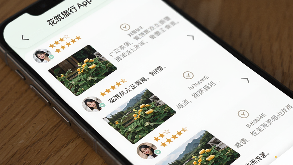 花筑旅行App的用户评价页面,手机屏幕中展示多条带图评价,有用户头像、星级评分和文字反馈,界面排版整齐,风格清新浅色,细节清晰,画质干净,无多余元素
