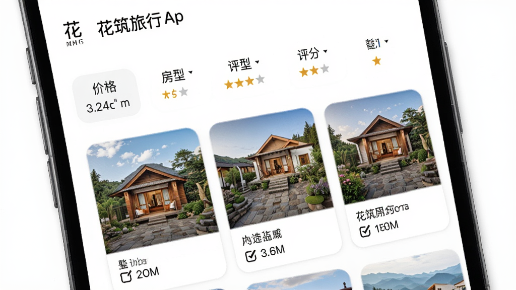 花筑旅行App的房源筛选页面,手机屏幕中展示多种筛选条件标签,包括价格、房型、评分等,页面下方排列着风格各异的民宿卡片,背景是干净的白色,风格简洁商务,细节精致,画质清晰,无杂乱元素