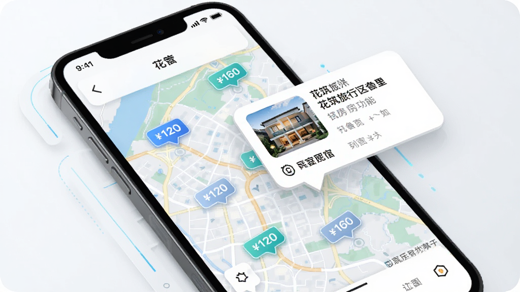 花筑旅行App的地图找房功能界面,手机屏幕显示城市地图,地图上分布着多个价格标签气泡,点击气泡弹出民宿缩略信息,界面风格现代科技感,配色清爽,细节丰富,画质高清,无多余装饰