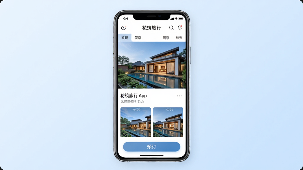 一张展示花筑旅行App首页界面的手机模型图,画面中央是手机屏幕,屏幕内显示花筑旅行App的民宿推荐页面,有精美的民宿封面图和预订按钮,背景是柔和的浅蓝色渐变,风格清新简约,细节清晰,画质细腻,干净无多余元素