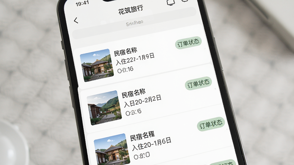 花筑旅行App订单管理页面,手机屏幕展示近期的预订记录列表,每条记录包含民宿名称、入住日期和订单状态标签,界面风格素雅极简,配色柔和,细节清晰,画质干净,无多余元素