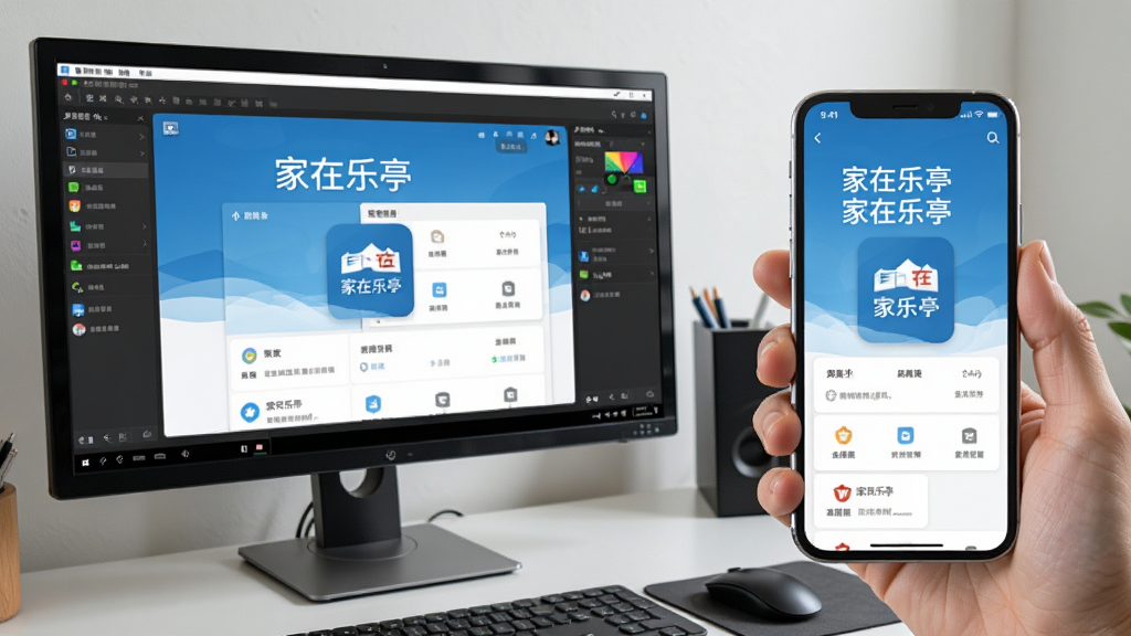 一张展示在电脑大屏和手机小屏上同时运行“家在乐亭”App的对比图,画面左侧是电脑显示器显示安卓模拟器中的家在乐亭界面,右侧是手持智能手机显示相同界面,背景是简洁的办公桌,风格为写实科技风,细节清晰,画质优良,干净无杂乱,画面中包含“家在乐亭”文字