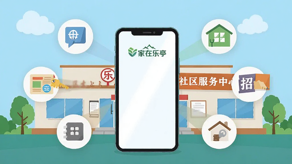 一幅展示便民服务功能的创意插图,画面以一部手机为中心,四周延伸出水电缴费、家政保洁、招聘信息、房屋钥匙等图标,背景是乐亭的社区服务中心大楼,风格为简洁的扁平化设计,细节明确,色彩清爽,画质优良,干净整洁,“家在乐亭”Logo位于手机屏幕顶部