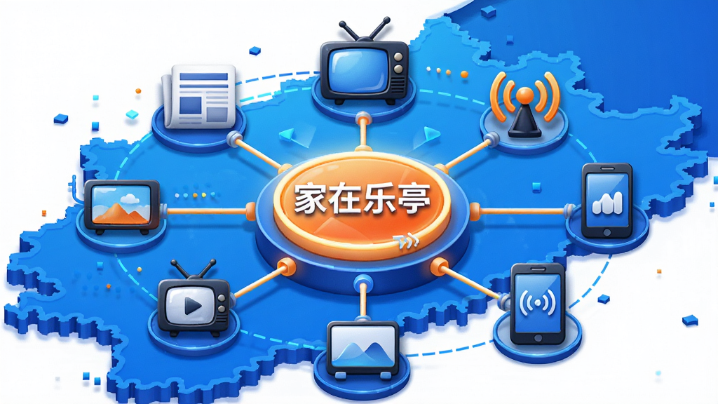一幅展示信息聚合概念的视觉图,画面中央是一个发光的数据枢纽,连接着报纸、电视、广播和手机等媒介图标,背景是乐亭县地图轮廓,风格为科技感矢量插画,细节精致,色彩以蓝色和橙色为主,画质高清,干净无杂乱元素,“家在乐亭”字样出现在枢纽中心