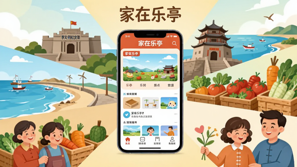 一幅展现乐亭本地生活气息的数字插画,画面中央放置一部智能手机,手机屏幕显示“家在乐亭”App的社区界面,周围环绕着乐亭地标建筑剪影如李大钊纪念馆、海边风景、新鲜果蔬和微笑的人群,整体布局采用中心辐射式构图,风格为扁平化现代插画,细节丰富,色彩温暖明亮,画质清晰干净,无多余元素,画面中需有清晰的“家在乐亭”文字标识